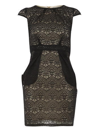 Womens **Voulez Vouz Black And Nude Pocket Dress Black - style: shift; length: mid thigh; sleeve style: capped; fit: tailored/fitted; pattern: plain; back detail: tie detail at back; secondary colour: nude; predominant colour: black; fibres: polyester/polyamide - 100%; occasions: occasion; neckline: crew; sleeve length: short sleeve; texture group: lace; pattern type: fabric; pattern size: standard; season: a/w 2015
