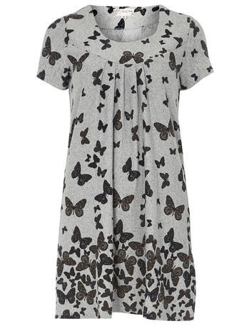 Womens **Voulez Vouz Grey Butterfly Tunic Grey - neckline: v-neck; style: tunic; secondary colour: mid grey; predominant colour: black; occasions: casual; fibres: polyester/polyamide - stretch; fit: straight cut; length: mid thigh; sleeve length: short sleeve; sleeve style: standard; pattern type: fabric; pattern size: standard; pattern: patterned/print; texture group: jersey - stretchy/drapey; season: a/w 2015