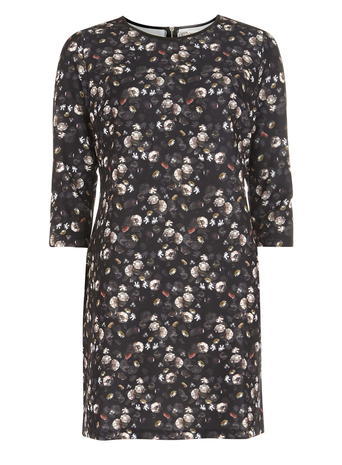 Womens **Voulez Vouz Brown 3/4 Sleeve Dress Brown - style: shift; length: mid thigh; secondary colour: charcoal; predominant colour: black; occasions: evening; fit: body skimming; neckline: crew; sleeve length: 3/4 length; sleeve style: standard; pattern type: fabric; pattern size: standard; pattern: florals; texture group: jersey - stretchy/drapey; multicoloured: multicoloured; season: a/w 2015