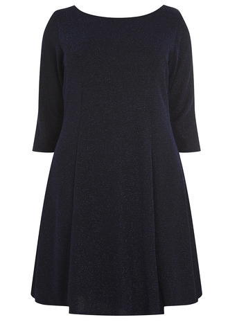 Womens **Amy.K Curve Navy Glitter Sleeved Dress Blue - neckline: round neck; pattern: plain; predominant colour: black; occasions: work, creative work; length: just above the knee; fit: fitted at waist & bust; style: fit & flare; sleeve length: 3/4 length; sleeve style: standard; pattern type: fabric; texture group: jersey - stretchy/drapey; fibres: nylon - stretch; season: a/w 2015