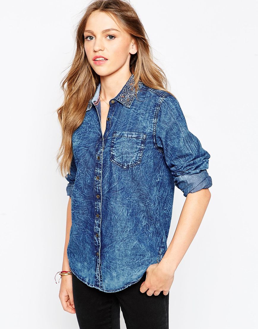 Narella Shirt Marbled Chambray - neckline: shirt collar/peter pan/zip with opening; pattern: plain; style: shirt; predominant colour: denim; occasions: casual, creative work; length: standard; fibres: cotton - 100%; fit: body skimming; sleeve length: long sleeve; sleeve style: standard; texture group: denim; pattern type: fabric; season: a/w 2015
