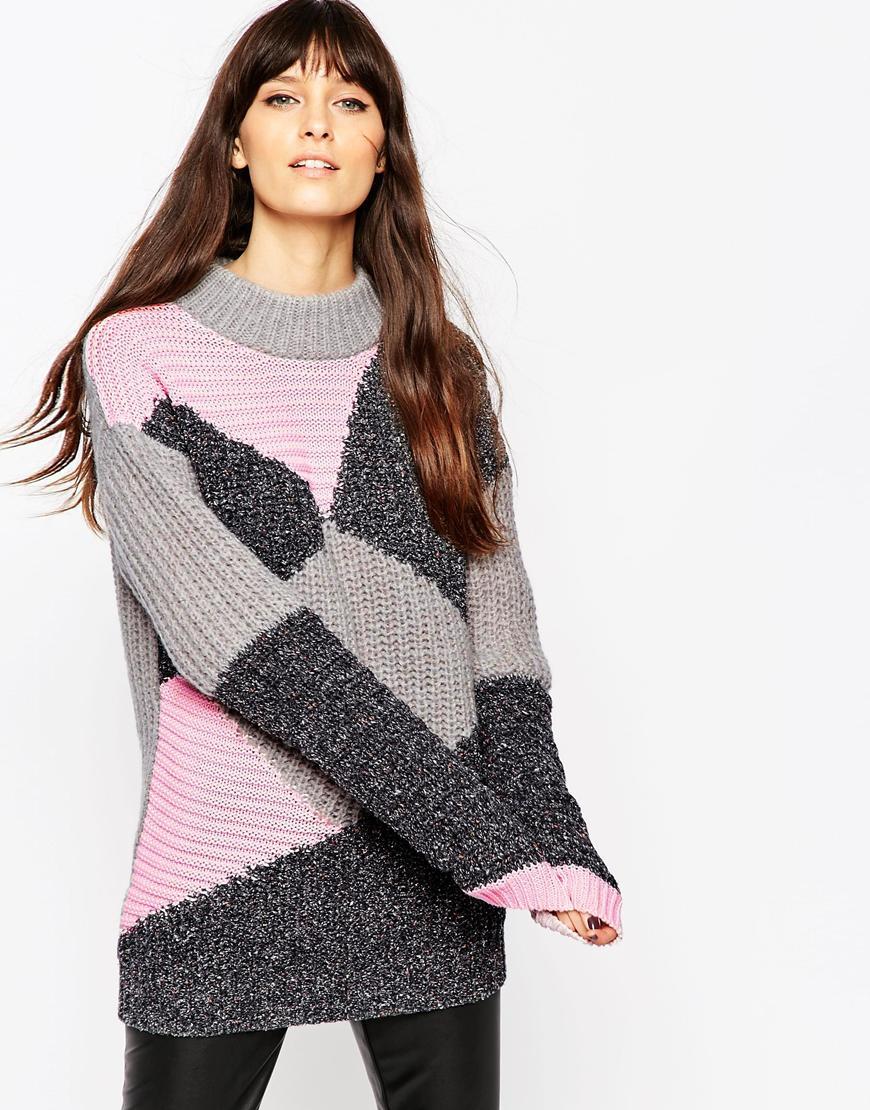 Jumper In Patchwork Multi - sleeve style: dolman/batwing; neckline: roll neck; style: standard; secondary colour: blush; predominant colour: charcoal; occasions: casual; fibres: acrylic - mix; fit: standard fit; length: mid thigh; shoulder detail: added shoulder detail; sleeve length: long sleeve; texture group: knits/crochet; pattern type: knitted - other; pattern: colourblock; pattern size: big & busy (top); season: a/w 2015