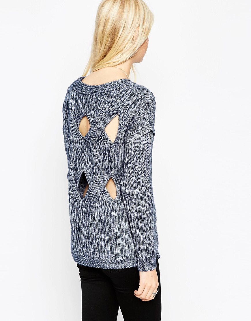 Jumper In Denim Yarn With Cut Out Denim - pattern: plain; back detail: low cut/open back; style: standard; predominant colour: mid grey; occasions: casual; length: standard; fibres: cotton - mix; fit: standard fit; neckline: crew; sleeve length: long sleeve; sleeve style: standard; texture group: knits/crochet; pattern type: knitted - other; season: a/w 2015
