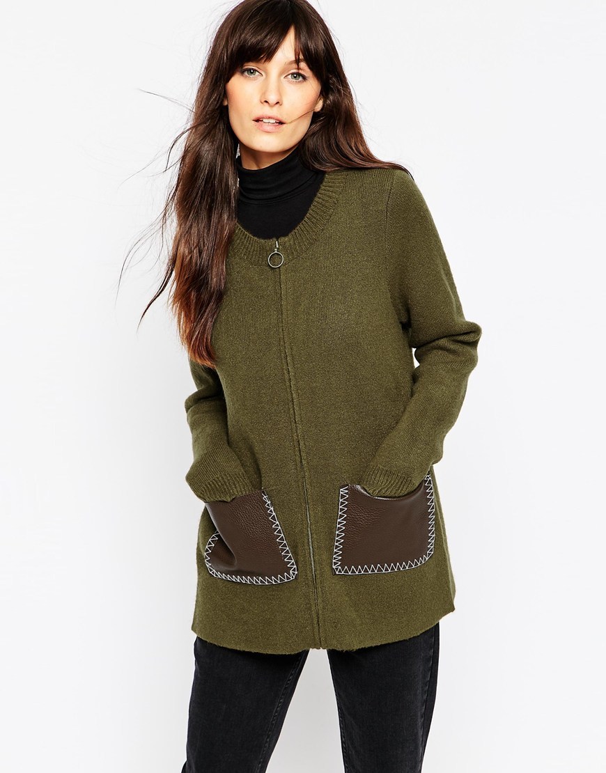 Knitted Bomber With Leather Look Pockets Green - pattern: plain; style: single breasted blazer; collar: round collar/collarless; length: below the bottom; secondary colour: chocolate brown; predominant colour: khaki; occasions: casual, creative work; fit: straight cut (boxy); fibres: acrylic - mix; sleeve length: long sleeve; sleeve style: standard; texture group: knits/crochet; collar break: high; pattern type: fabric; hip detail: front pockets at hip; season: a/w 2015