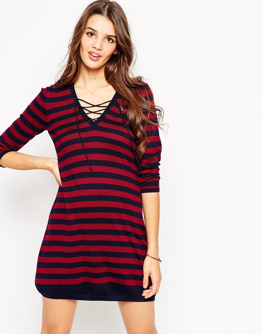 A Line Dress In Knit In Stripe With Lace Up Detail Multi - style: shift; length: mid thigh; neckline: low v-neck; pattern: horizontal stripes; predominant colour: true red; secondary colour: black; occasions: casual; fit: body skimming; fibres: cotton - mix; sleeve length: 3/4 length; sleeve style: standard; pattern type: fabric; texture group: jersey - stretchy/drapey; season: a/w 2015
