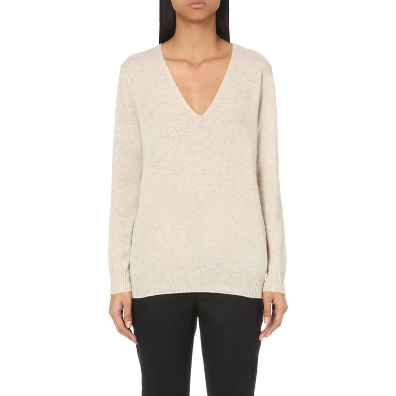 Adrianna V Neck Cashmere Jumper, Women's, Size: Small, Oatmeal Heather - neckline: low v-neck; pattern: plain; length: below the bottom; style: standard; predominant colour: stone; occasions: casual, creative work; fit: standard fit; sleeve length: long sleeve; sleeve style: standard; texture group: knits/crochet; pattern type: knitted - big stitch; season: a/w 2015
