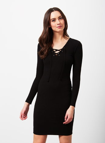 Womens Black Eyelet Rib Dress, Black - style: shift; length: mid thigh; neckline: v-neck; pattern: plain; predominant colour: black; occasions: evening, creative work; fit: body skimming; sleeve length: long sleeve; sleeve style: standard; pattern type: fabric; texture group: jersey - stretchy/drapey; season: a/w 2015