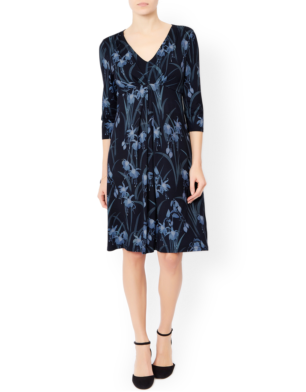 Evelyn Print Knee Length Dress - style: empire line; neckline: low v-neck; fit: empire; predominant colour: navy; secondary colour: navy; occasions: casual, occasion; length: on the knee; sleeve length: 3/4 length; sleeve style: standard; pattern type: fabric; pattern size: standard; pattern: florals; texture group: jersey - stretchy/drapey; multicoloured: multicoloured; season: a/w 2015