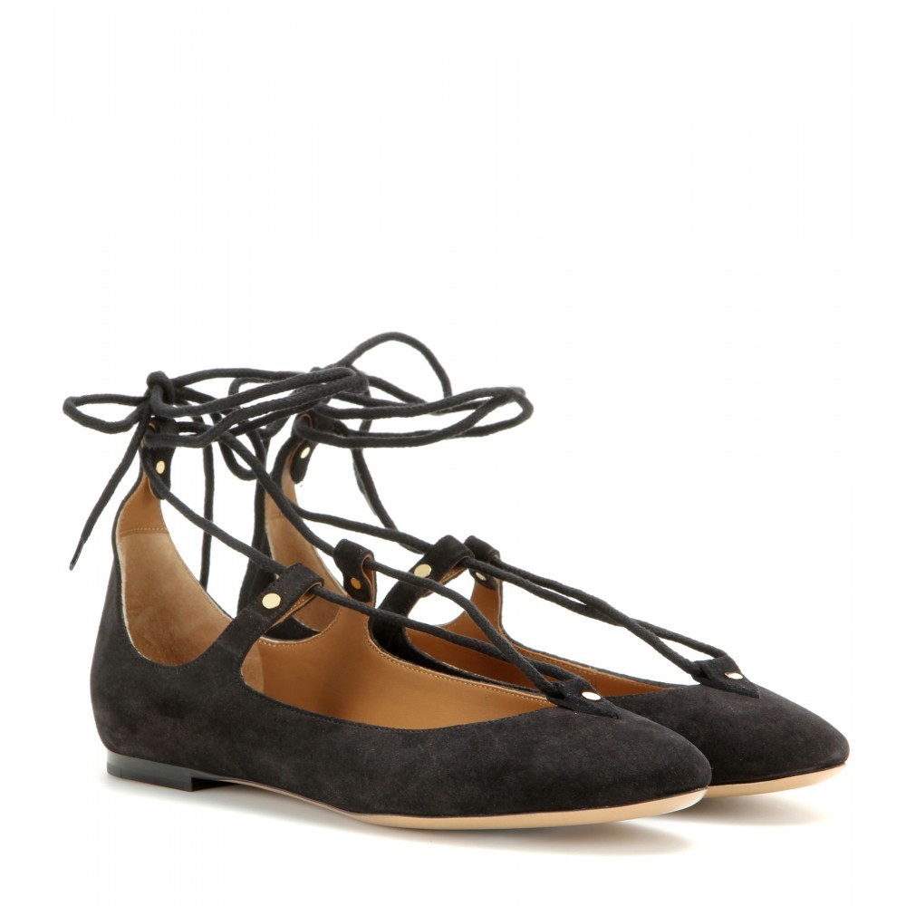 Suede Lace Up Ballerinas - predominant colour: black; occasions: casual, creative work; material: suede; heel height: flat; ankle detail: ankle tie; toe: round toe; style: ballerinas / pumps; finish: plain; pattern: plain; season: a/w 2015