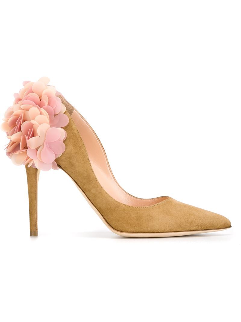 Floral Appliqué Pumps, Women's, Brown - secondary colour: pink; predominant colour: tan; occasions: evening, occasion; material: suede; heel height: high; heel: stiletto; toe: pointed toe; style: courts; finish: plain; pattern: plain; embellishment: corsage; season: a/w 2015