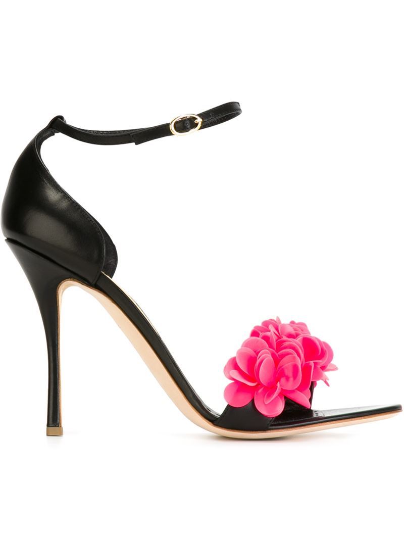 Embellished Sandals, Women's, Size: 36.5, Black - secondary colour: hot pink; predominant colour: black; occasions: evening; material: leather; ankle detail: ankle strap; heel: stiletto; toe: open toe/peeptoe; style: standard; finish: plain; pattern: plain; heel height: very high; season: a/w 2015