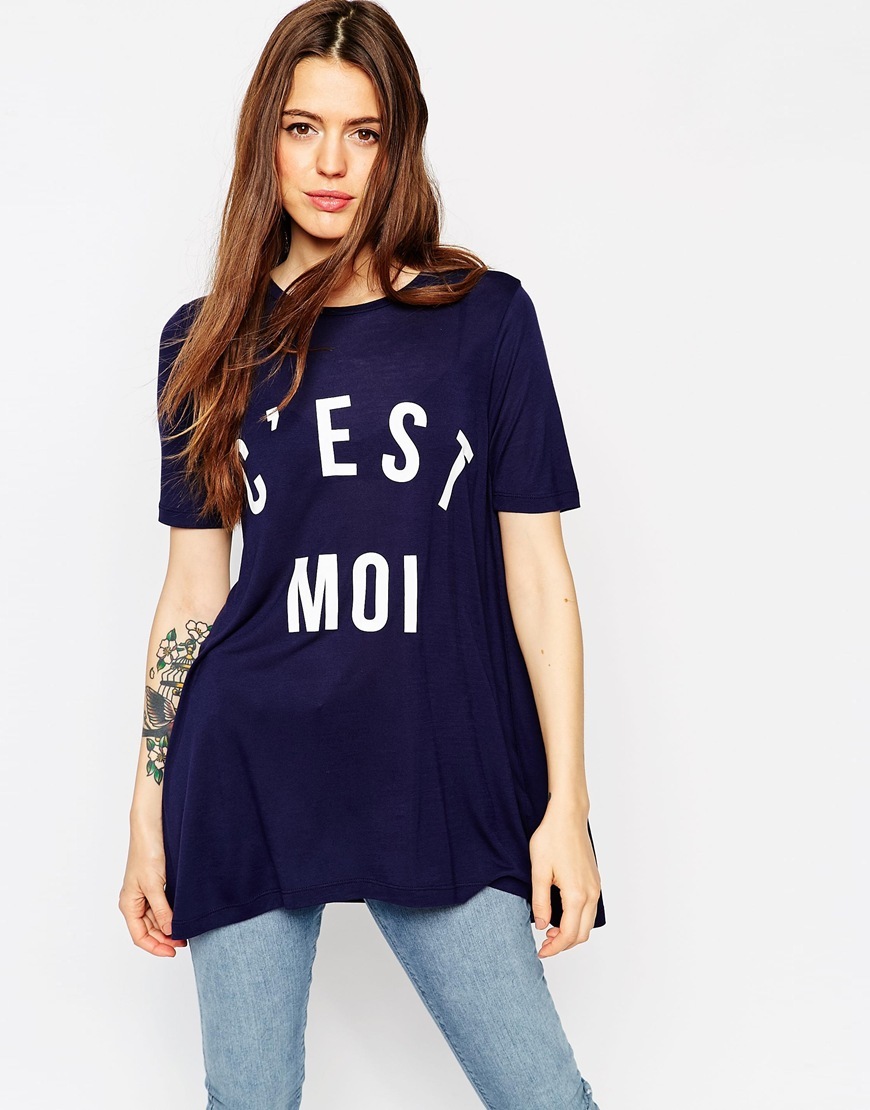 C'est Moi Printed Top Navy - neckline: round neck; length: below the bottom; style: t-shirt; secondary colour: white; predominant colour: navy; occasions: casual; fibres: cotton - stretch; fit: loose; sleeve length: short sleeve; sleeve style: standard; pattern type: fabric; texture group: jersey - stretchy/drapey; pattern: graphic/slogan; season: a/w 2015