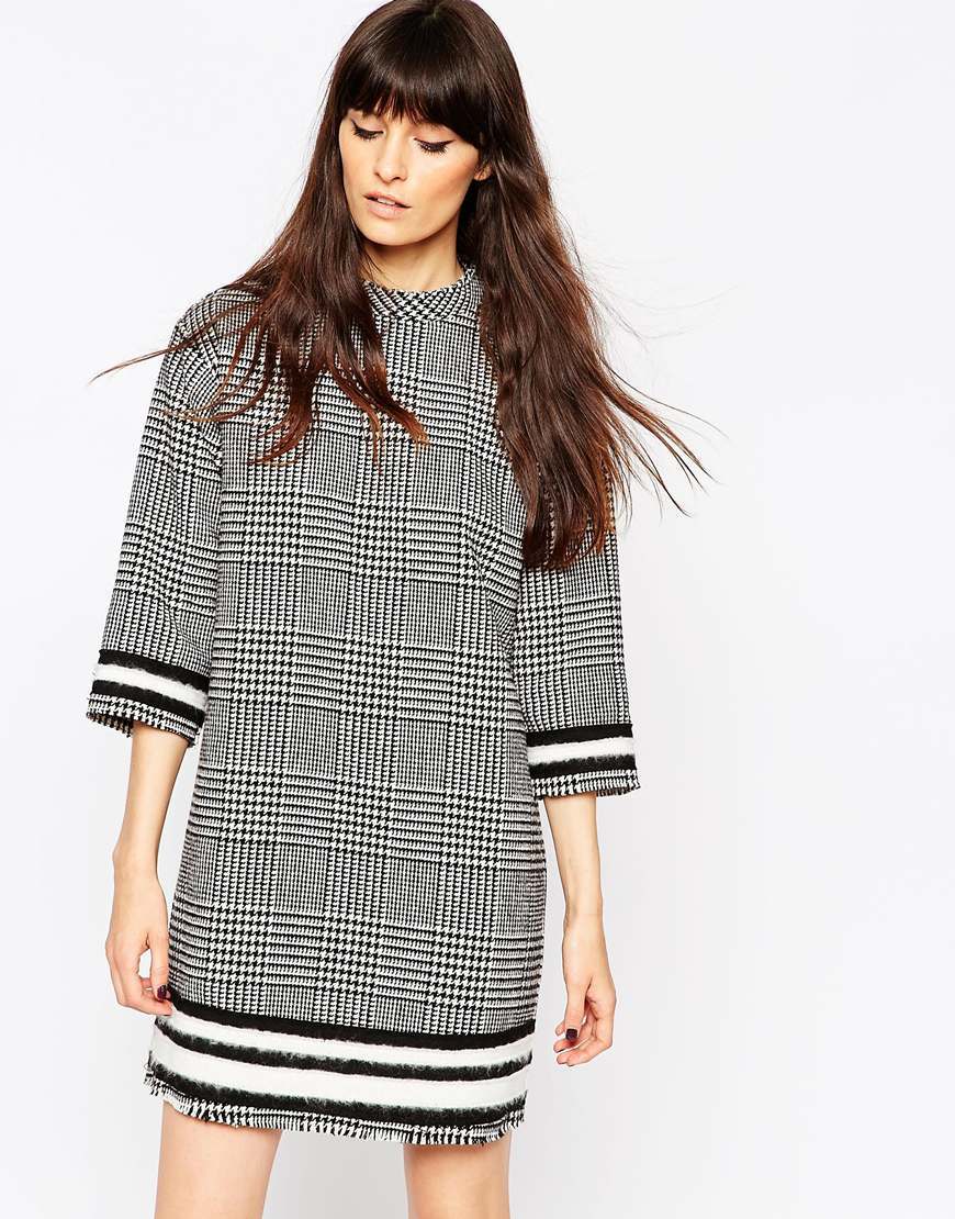 Tweed Check Tunic Dress Multi - style: tunic; length: mid thigh; pattern: herringbone/tweed; predominant colour: mid grey; secondary colour: black; occasions: casual, creative work; fit: straight cut; fibres: polyester/polyamide - stretch; neckline: crew; sleeve length: 3/4 length; sleeve style: standard; pattern type: fabric; pattern size: standard; texture group: tweed - light/midweight; season: a/w 2015