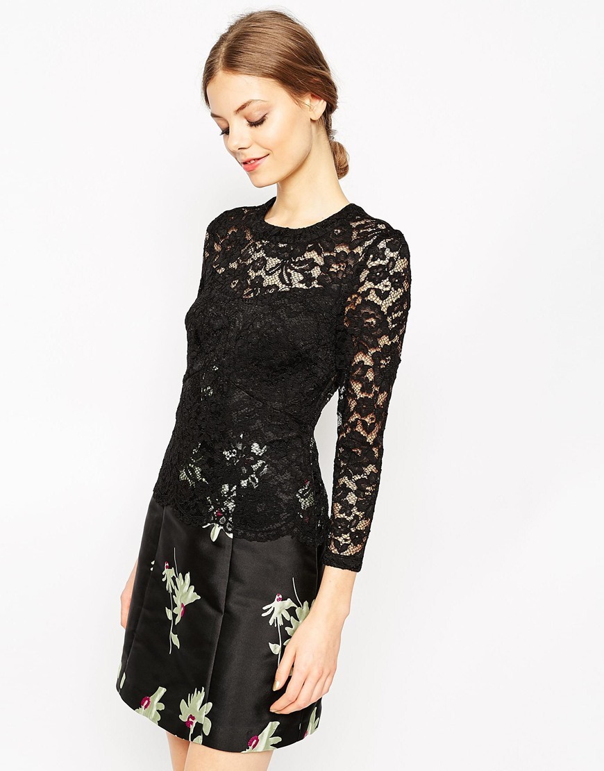 Premium Jacquard And Lace Skater Dress Black - style: shift; predominant colour: black; length: just above the knee; fit: body skimming; fibres: polyester/polyamide - stretch; occasions: occasion; neckline: crew; sleeve length: 3/4 length; sleeve style: standard; pattern type: fabric; pattern: patterned/print; texture group: brocade/jacquard; embellishment: lace; season: a/w 2015