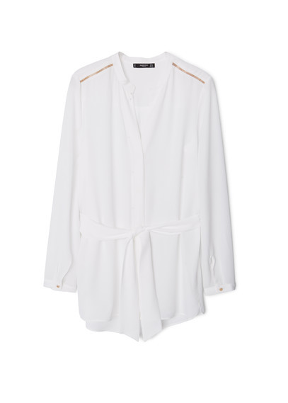 Metal Appliqué Blouse - pattern: plain; length: below the bottom; style: blouse; waist detail: belted waist/tie at waist/drawstring; predominant colour: white; secondary colour: gold; neckline: collarstand & mandarin with v-neck; fibres: polyester/polyamide - 100%; fit: loose; sleeve length: long sleeve; sleeve style: standard; pattern type: fabric; texture group: other - light to midweight; embellishment: applique; occasions: creative work; season: a/w 2015