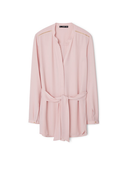 Metal Appliqué Blouse - pattern: plain; length: below the bottom; style: blouse; waist detail: belted waist/tie at waist/drawstring; predominant colour: blush; secondary colour: gold; neckline: collarstand & mandarin with v-neck; fibres: polyester/polyamide - 100%; fit: body skimming; sleeve length: long sleeve; sleeve style: standard; pattern type: fabric; texture group: other - light to midweight; embellishment: chain/metal; occasions: creative work; season: a/w 2015
