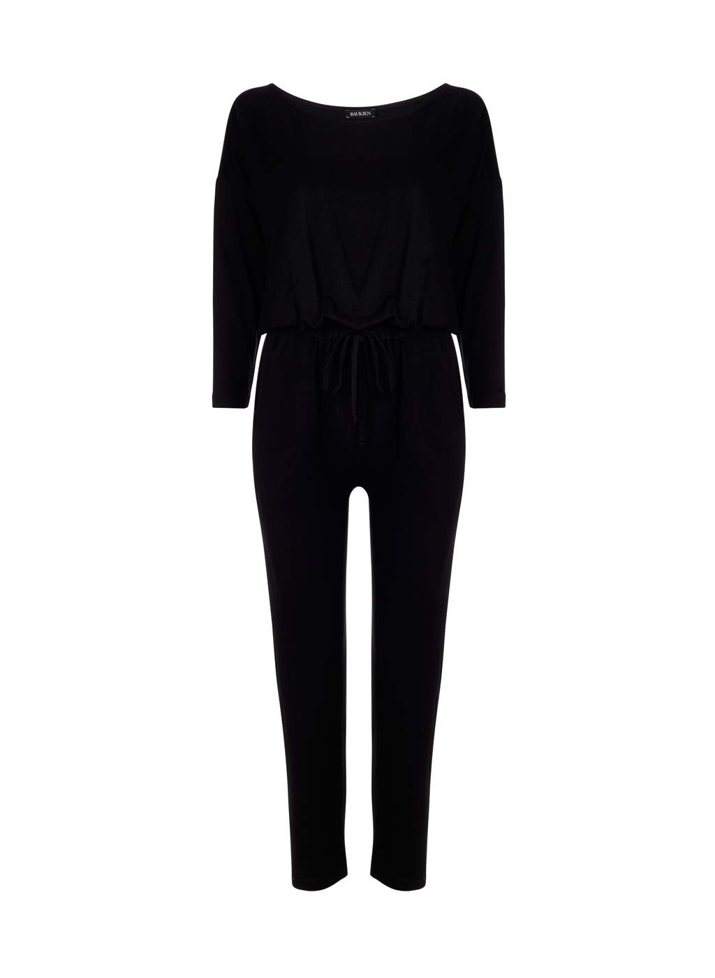 Womenswear Crofton Jumpsuit - length: standard; neckline: round neck; fit: fitted at waist; pattern: plain; predominant colour: black; fibres: viscose/rayon - stretch; sleeve length: 3/4 length; sleeve style: standard; style: jumpsuit; pattern type: fabric; texture group: jersey - stretchy/drapey; occasions: creative work; season: a/w 2015