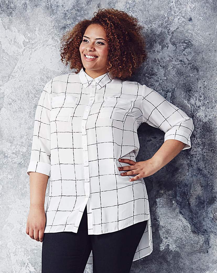 White Check Longline Blouse - neckline: shirt collar/peter pan/zip with opening; pattern: checked/gingham; style: shirt; predominant colour: white; secondary colour: black; occasions: casual, creative work; length: standard; fibres: polyester/polyamide - 100%; fit: straight cut; back detail: longer hem at back than at front; sleeve length: 3/4 length; sleeve style: standard; trends: monochrome; texture group: crepes; pattern type: fabric; pattern size: standard; season: a/w 2015