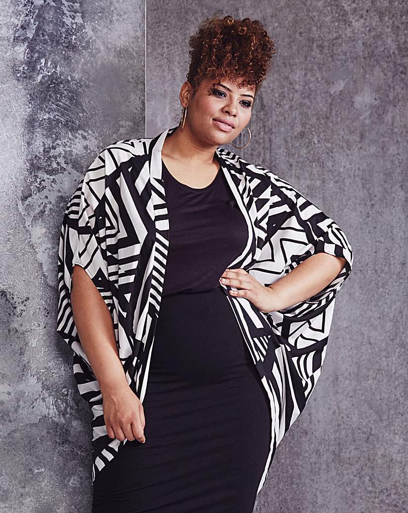 Mono Print Cocoon Kimono - sleeve style: dolman/batwing; collar: round collar/collarless; fit: loose; length: below the bottom; predominant colour: ivory/cream; secondary colour: black; occasions: casual, creative work; sleeve length: half sleeve; collar break: low/open; pattern type: fabric; pattern size: standard; pattern: patterned/print; texture group: other - light to midweight; style: fluid/kimono; season: a/w 2015