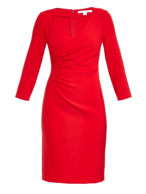 Eliana Dress - style: shift; neckline: low v-neck; fit: fitted at waist; pattern: plain; waist detail: twist front waist detail/nipped in at waist on one side/soft pleats/draping/ruching/gathering waist detail; bust detail: ruching/gathering/draping/layers/pintuck pleats at bust; predominant colour: true red; length: just above the knee; fibres: polyester/polyamide - stretch; occasions: occasion; sleeve length: long sleeve; sleeve style: standard; pattern type: fabric; texture group: jersey - stretchy/drapey; season: a/w 2015