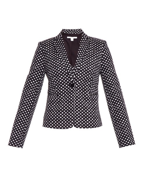 Jennie Jacket - style: single breasted blazer; collar: standard lapel/rever collar; secondary colour: white; predominant colour: black; occasions: casual, creative work; length: standard; fit: tailored/fitted; sleeve length: long sleeve; sleeve style: standard; collar break: medium; pattern type: fabric; pattern: patterned/print; texture group: woven light midweight; season: a/w 2015
