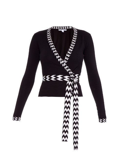 Ballerina Wrap Cardigan - neckline: low v-neck; pattern: striped; secondary colour: white; predominant colour: black; occasions: casual, creative work; length: standard; style: standard; fibres: silk - mix; fit: slim fit; hip detail: contrast fabric/print detail at hip; waist detail: belted waist/tie at waist/drawstring; sleeve length: long sleeve; sleeve style: standard; trends: monochrome; texture group: knits/crochet; pattern type: knitted - fine stitch; pattern size: standard; season: a/w 2015