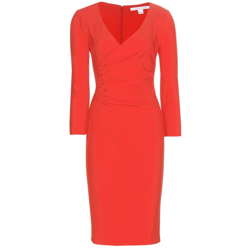 Eliana Crêpe Dress - style: shift; length: below the knee; neckline: low v-neck; fit: tailored/fitted; pattern: plain; predominant colour: true red; occasions: occasion; sleeve length: 3/4 length; sleeve style: standard; pattern type: fabric; texture group: jersey - stretchy/drapey; season: a/w 2015
