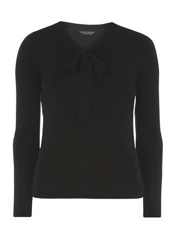 Womens Black Pussybow Jumper Black - pattern: plain; bust detail: added detail/embellishment at bust; neckline: pussy bow; style: standard; predominant colour: black; occasions: evening; length: standard; fibres: viscose/rayon - stretch; fit: slim fit; sleeve length: long sleeve; sleeve style: standard; texture group: knits/crochet; pattern type: fabric; season: a/w 2015