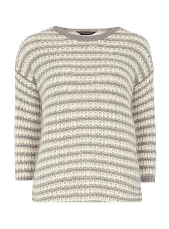 Womens Ivory And Grey Striped Jumper White - pattern: horizontal stripes; style: standard; secondary colour: ivory/cream; predominant colour: stone; occasions: casual; length: standard; fibres: acrylic - mix; fit: standard fit; neckline: crew; sleeve length: 3/4 length; sleeve style: standard; texture group: knits/crochet; pattern type: knitted - fine stitch; pattern size: standard; season: a/w 2015