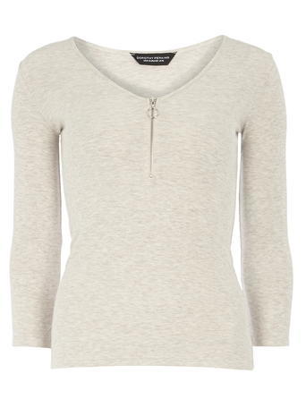 Womens Jersey V Neck Ribbed Top Beige - neckline: round neck; pattern: plain; bust detail: buttons at bust (in middle at breastbone)/zip detail at bust; predominant colour: ivory/cream; occasions: casual, creative work; length: standard; style: top; fibres: cotton - mix; fit: body skimming; sleeve length: 3/4 length; sleeve style: standard; pattern type: fabric; texture group: jersey - stretchy/drapey; season: a/w 2015
