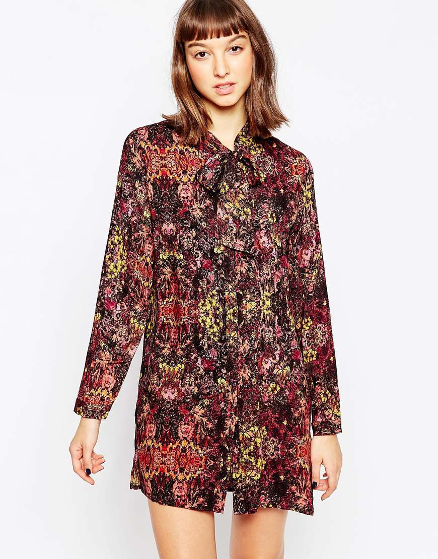 Floral Shirt Dress 999 Black - style: shirt; length: mid thigh; neckline: pussy bow; secondary colour: burgundy; predominant colour: black; occasions: casual, creative work; fit: straight cut; fibres: viscose/rayon - 100%; sleeve length: long sleeve; sleeve style: standard; pattern type: fabric; pattern size: standard; pattern: florals; texture group: other - light to midweight; multicoloured: multicoloured; season: a/w 2015