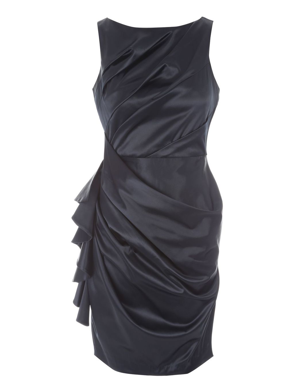 Navy Short Satin Dress, Navy - style: shift; neckline: round neck; fit: tailored/fitted; pattern: plain; sleeve style: sleeveless; predominant colour: black; occasions: evening, occasion; length: just above the knee; fibres: polyester/polyamide - stretch; hip detail: soft pleats at hip/draping at hip/flared at hip; sleeve length: sleeveless; texture group: structured shiny - satin/tafetta/silk etc.; pattern type: fabric; season: a/w 2015