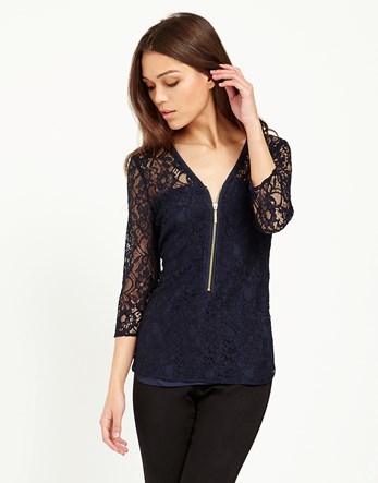Long Sleeve All Over Lace Zip Blouse - neckline: v-neck; pattern: plain; bust detail: sheer at bust; style: blouse; predominant colour: navy; occasions: evening; length: standard; fibres: polyester/polyamide - mix; fit: body skimming; sleeve length: 3/4 length; sleeve style: standard; texture group: lace; pattern type: fabric; season: a/w 2015