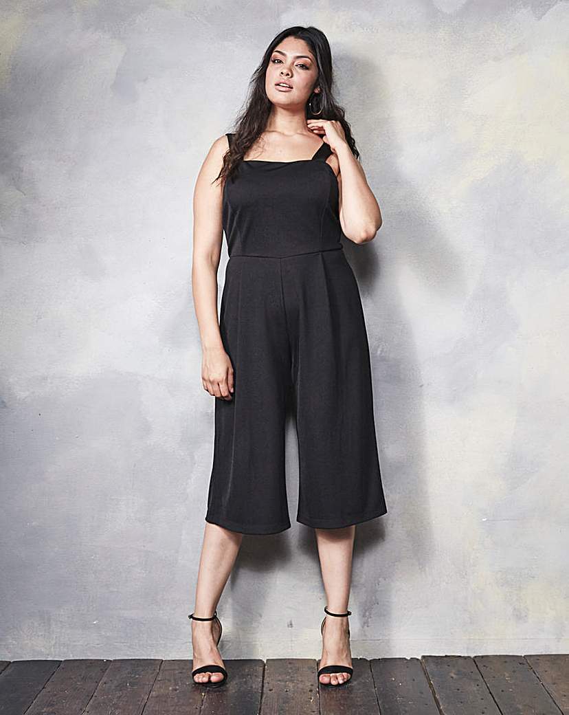 Culotte Jumpsuit - fit: tailored/fitted; pattern: plain; sleeve style: sleeveless; waist detail: fitted waist; predominant colour: black; length: calf length; fibres: polyester/polyamide - stretch; sleeve length: sleeveless; style: jumpsuit; neckline: medium square neck; pattern type: fabric; texture group: other - light to midweight; occasions: creative work; season: a/w 2015