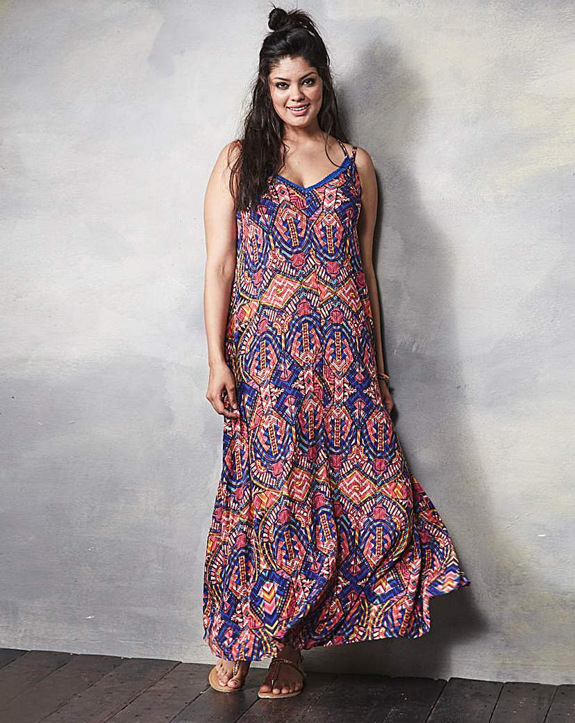 Trapeze Maxi Dress - neckline: v-neck; sleeve style: spaghetti straps; style: maxi dress; secondary colour: hot pink; predominant colour: purple; length: floor length; fit: soft a-line; fibres: viscose/rayon - 100%; occasions: occasion; sleeve length: sleeveless; texture group: cotton feel fabrics; pattern type: fabric; pattern size: standard; pattern: patterned/print; season: a/w 2015