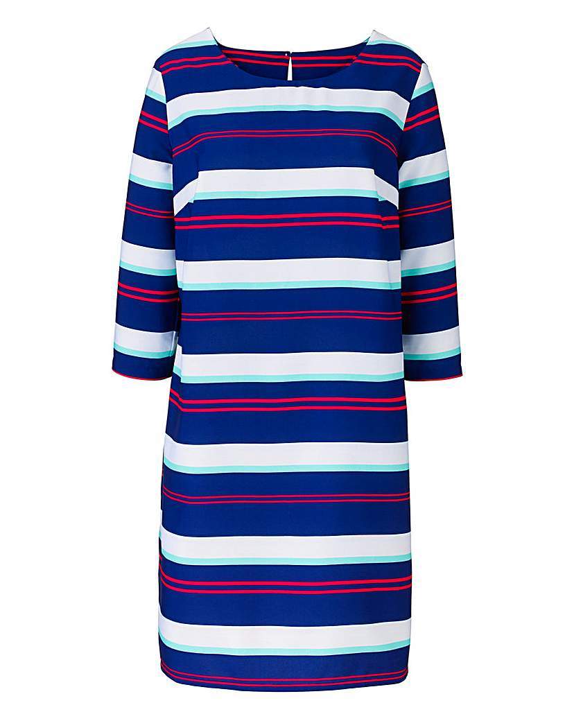 Navy Stripe Print Tunic Dress - style: tunic; neckline: round neck; pattern: horizontal stripes; secondary colour: white; predominant colour: navy; occasions: casual, creative work; length: on the knee; fit: straight cut; fibres: polyester/polyamide - 100%; sleeve length: 3/4 length; sleeve style: standard; pattern type: fabric; pattern size: big & busy; texture group: woven light midweight; multicoloured: multicoloured; season: a/w 2015