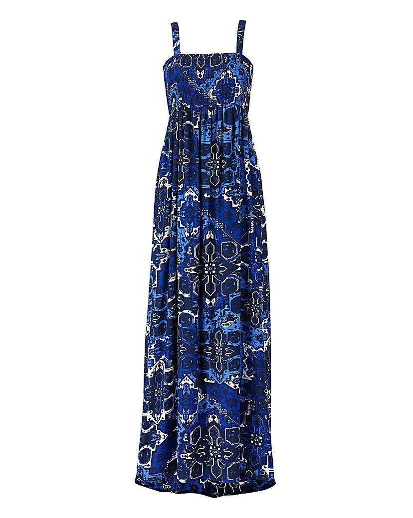 Navy Tile Print Shirred Maxi Dress - fit: empire; sleeve style: sleeveless; style: maxi dress; length: ankle length; predominant colour: royal blue; occasions: casual, holiday; fibres: polyester/polyamide - 100%; sleeve length: sleeveless; neckline: low square neck; pattern type: fabric; pattern size: standard; pattern: patterned/print; texture group: woven light midweight; season: a/w 2015