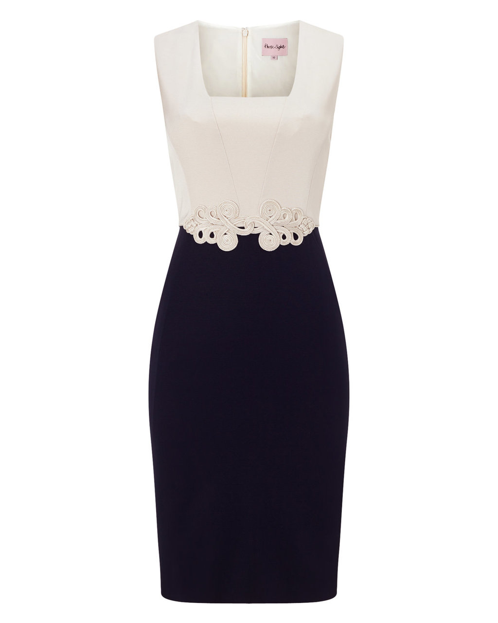 Elizabeth Dress - style: shift; fit: tight; sleeve style: sleeveless; secondary colour: ivory/cream; predominant colour: black; length: on the knee; occasions: occasion; sleeve length: sleeveless; neckline: medium square neck; pattern type: fabric; pattern size: standard; pattern: colourblock; texture group: other - light to midweight; season: a/w 2015