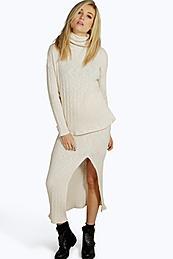 Roll Neck Jumper & Split Midaxi Co Ord Cream - neckline: cowl/draped neck; pattern: plain; style: standard; predominant colour: ivory/cream; occasions: casual; length: standard; fit: standard fit; sleeve length: long sleeve; sleeve style: standard; texture group: knits/crochet; pattern type: knitted - fine stitch; season: a/w 2015