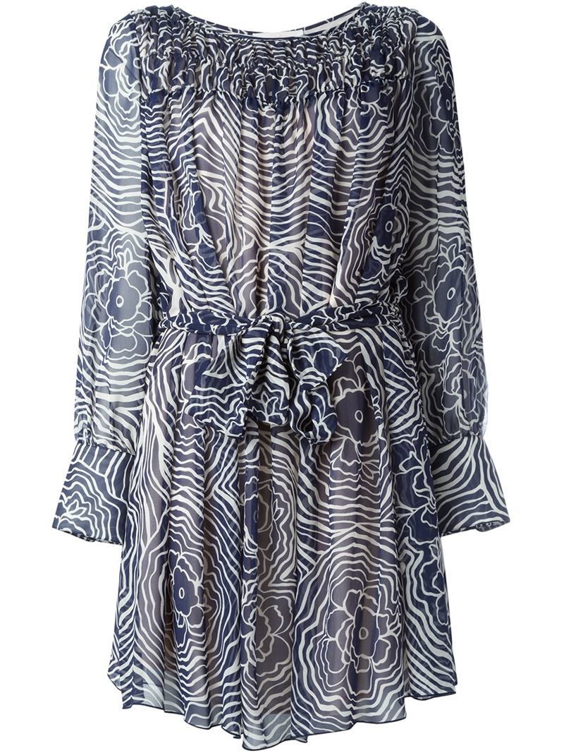 Printed Georgette Dress - style: shift; length: mid thigh; neckline: round neck; fit: fitted at waist; waist detail: belted waist/tie at waist/drawstring; predominant colour: navy; secondary colour: black; occasions: evening, creative work; fibres: silk - 100%; sleeve length: long sleeve; sleeve style: standard; texture group: sheer fabrics/chiffon/organza etc.; pattern type: fabric; pattern size: standard; pattern: patterned/print; season: a/w 2015