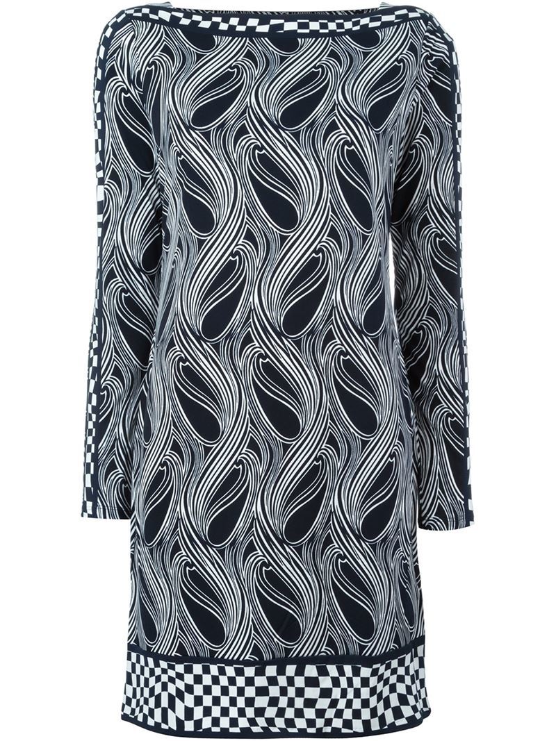 Printed Shift Dress, Women's, Size: Xl, Blue - style: shift; neckline: slash/boat neckline; predominant colour: navy; occasions: evening, occasion; length: just above the knee; fit: body skimming; fibres: polyester/polyamide - 100%; sleeve length: long sleeve; sleeve style: standard; pattern type: fabric; pattern size: standard; pattern: patterned/print; texture group: jersey - stretchy/drapey; season: a/w 2015