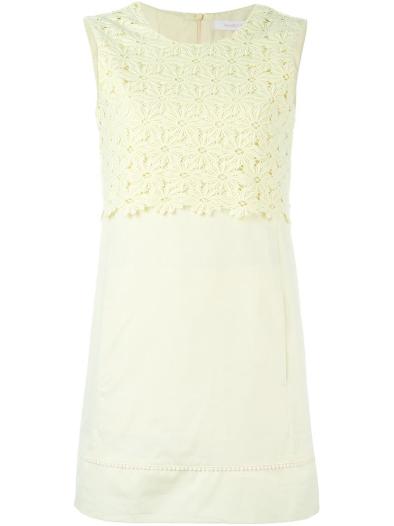 Floral Macramé Dress, Women's, Yellow/Orange - style: shift; length: mini; pattern: plain; sleeve style: sleeveless; predominant colour: primrose yellow; occasions: evening; fit: body skimming; fibres: cotton - 100%; neckline: crew; bust detail: contrast pattern/fabric/detail at bust; sleeve length: sleeveless; texture group: crepes; pattern type: fabric; season: a/w 2015