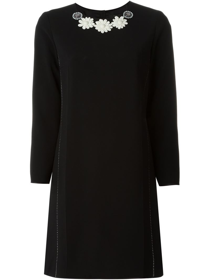 Embellished Neck Dress - style: shift; neckline: round neck; pattern: plain; bust detail: added detail/embellishment at bust; predominant colour: black; occasions: evening, occasion; length: on the knee; fit: body skimming; fibres: cotton - mix; sleeve length: long sleeve; sleeve style: standard; pattern type: fabric; texture group: woven light midweight; embellishment: jewels/stone; season: a/w 2015