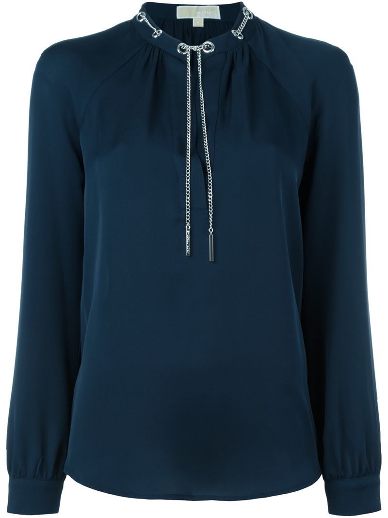 Chain And Eyelet Blouse - pattern: plain; style: blouse; predominant colour: navy; occasions: work, occasion; length: standard; fibres: silk - 100%; fit: body skimming; neckline: crew; sleeve length: long sleeve; sleeve style: standard; texture group: silky - light; pattern type: fabric; embellishment: chain/metal; season: a/w 2015