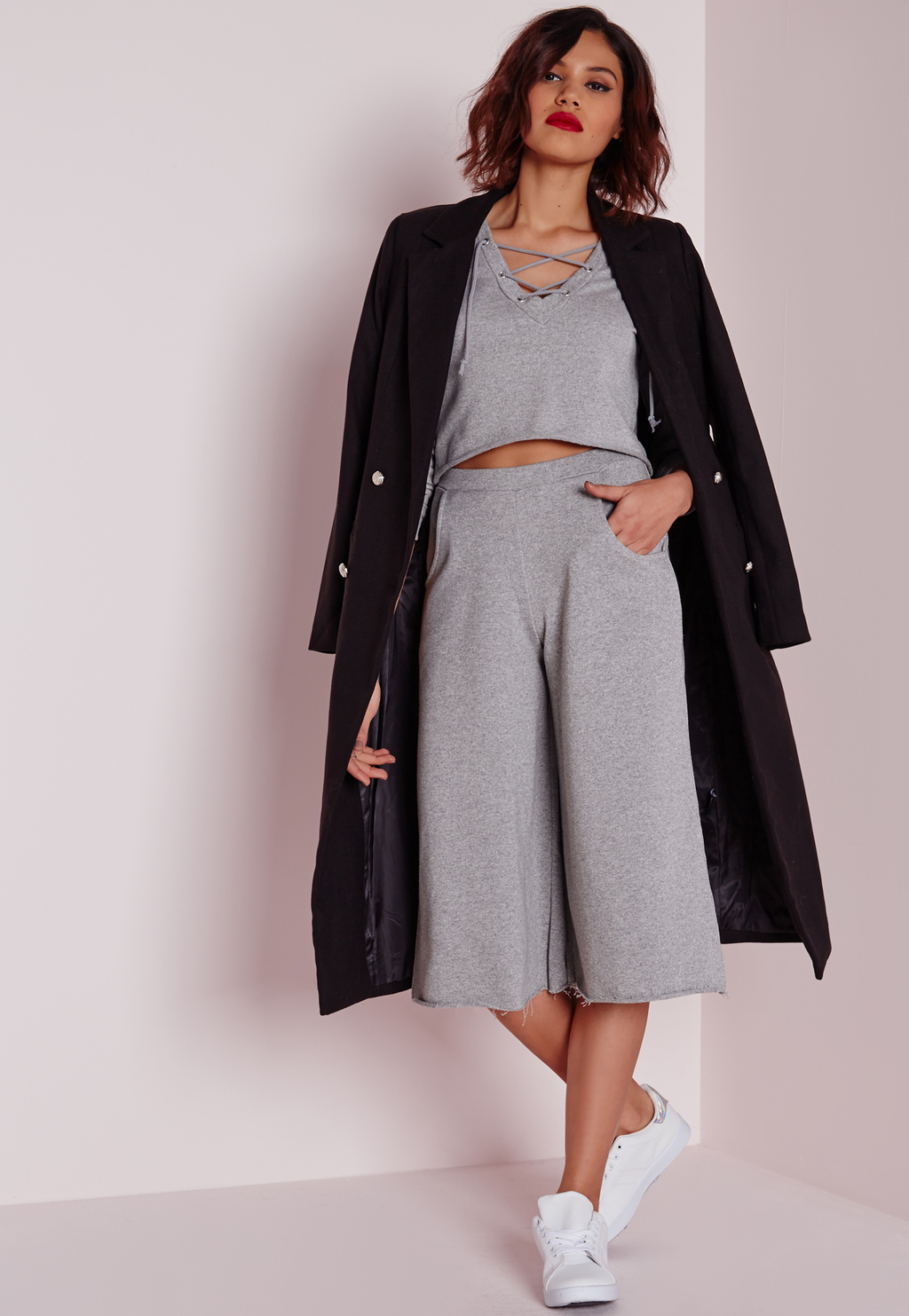 Loop Back Jersey Culottes Grey, Grey - pattern: plain; waist: high rise; predominant colour: light grey; occasions: casual, creative work; fibres: polyester/polyamide - stretch; pattern type: fabric; texture group: jersey - stretchy/drapey; season: a/w 2015; wardrobe: basic; style: culotte; length: below the knee; fit: a-line