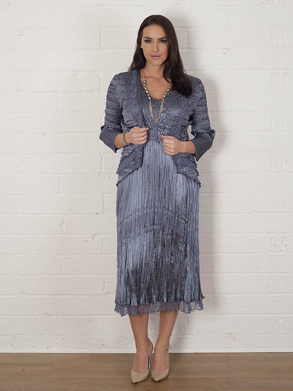 Steel Chiffon & Lace Trim Crush Pleat Sleeveless Satin Dress - style: shift; length: calf length; pattern: plain; sleeve style: sleeveless; fit: body skimming; neckline: scoop; fibres: polyester/polyamide - 100%; occasions: occasion; hip detail: soft pleats at hip/draping at hip/flared at hip; sleeve length: sleeveless; texture group: structured shiny - satin/tafetta/silk etc.; pattern type: fabric; predominant colour: pewter; season: a/w 2015
