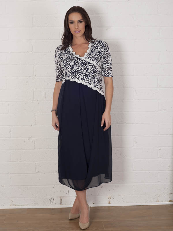 Navy/Ivory Embroidered Scallop Lace Chiffon Drape Dress - style: shift; length: calf length; neckline: low v-neck; bust detail: added detail/embellishment at bust; secondary colour: white; predominant colour: navy; fit: soft a-line; fibres: polyester/polyamide - 100%; occasions: occasion; sleeve length: 3/4 length; sleeve style: standard; texture group: sheer fabrics/chiffon/organza etc.; pattern type: fabric; pattern: patterned/print; embellishment: embroidered; season: a/w 2015