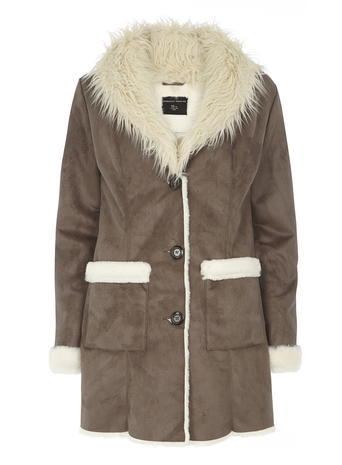 Womens Contrast Faux Shearling Coat Brown - style: single breasted; length: mid thigh; secondary colour: ivory/cream; predominant colour: tan; occasions: casual; fit: straight cut (boxy); fibres: polyester/polyamide - 100%; sleeve length: long sleeve; sleeve style: standard; collar: fur; collar break: medium; pattern type: fabric; pattern size: standard; pattern: colourblock; texture group: sheepskin; embellishment: fur; hip detail: front pockets at hip; season: a/w 2015