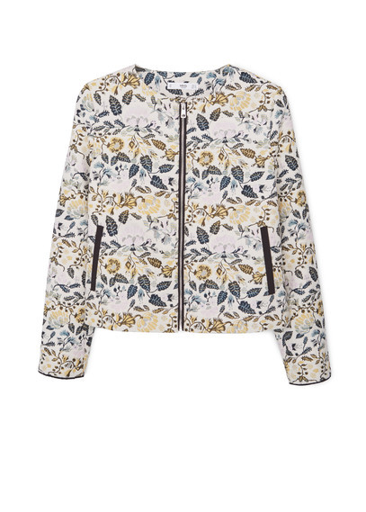 Jacquard Cotton Jacket - collar: round collar/collarless; style: boxy; predominant colour: ivory/cream; occasions: casual, creative work; length: standard; fit: straight cut (boxy); fibres: cotton - 100%; sleeve length: long sleeve; sleeve style: standard; collar break: high; pattern type: fabric; pattern size: standard; pattern: florals; texture group: brocade/jacquard; multicoloured: multicoloured; season: a/w 2015