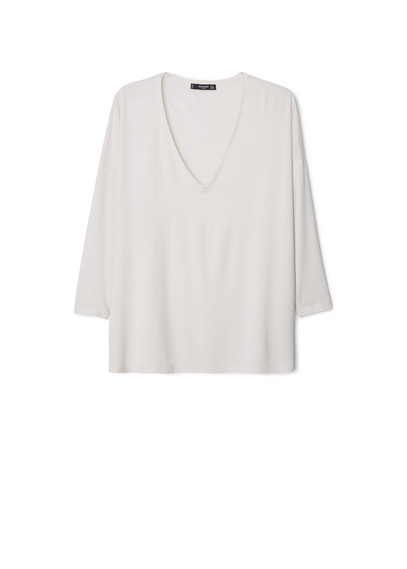 V Neck T Shirt - neckline: low v-neck; pattern: plain; style: t-shirt; predominant colour: ivory/cream; occasions: casual, creative work; length: standard; fibres: viscose/rayon - stretch; fit: loose; sleeve length: 3/4 length; sleeve style: standard; pattern type: fabric; texture group: jersey - stretchy/drapey; season: a/w 2015